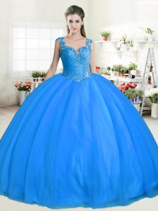 Straps Blue Ball Gowns Beading 15th Birthday Dress Zipper Tulle Sleeveless Floor Length