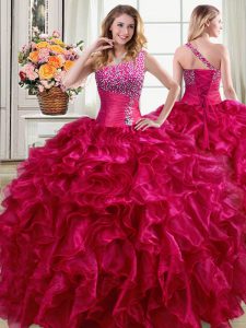 Fuchsia Ball Gowns Organza One Shoulder Sleeveless Beading and Ruffles Floor Length Lace Up Quinceanera Gown