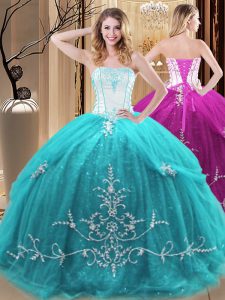 Nice Strapless Sleeveless Tulle Quinceanera Gowns Embroidery Lace Up