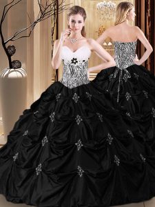 Dramatic Pick Ups Floor Length Black Quinceanera Dresses Sweetheart Sleeveless Lace Up