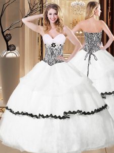 Edgy White Ball Gowns Ruffled Layers and Pattern 15th Birthday Dress Lace Up Organza Sleeveless Floor Length