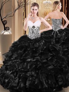Extravagant Black Sweetheart Lace Up Ruffles and Pattern Sweet 16 Dress Sleeveless