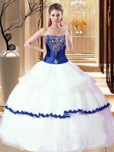 Sleeveless Organza Floor Length Lace Up Ball Gown Prom Dress in White and Royal Blue with Beading and Ruffled Layers
