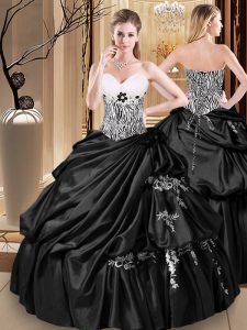 Smart Black Ball Gowns Taffeta Sweetheart Sleeveless Appliques and Pick Ups Floor Length Lace Up Vestidos de Quinceanera