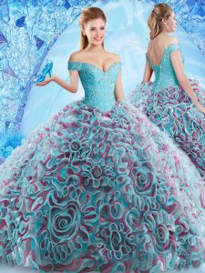 Off the Shoulder Sleeveless Fabric With Rolling Flowers Court Train Backless Quinceanera Dress in Multi-color with Beading and Appliques and Ruffles