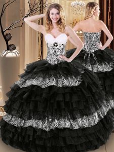 Organza and Printed Sweetheart Sleeveless Lace Up Ruffled Layers and Pattern Quinceanera Dresses in Black