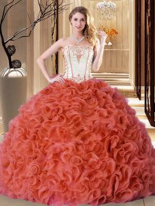 Fabric With Rolling Flowers Strapless Sleeveless Lace Up Embroidery and Ruffles 15 Quinceanera Dress in Rust Red