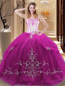 Dazzling Fuchsia Lace Up 15 Quinceanera Dress Embroidery Sleeveless Floor Length
