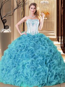 Aqua Blue Sleeveless Fabric With Rolling Flowers Lace Up Sweet 16 Dresses for Military Ball and Sweet 16 and Quinceanera