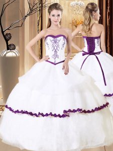 White Organza Lace Up Quinceanera Gowns Sleeveless Floor Length Embroidery