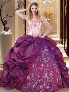 Most Popular Purple Ball Gowns Strapless Sleeveless Taffeta Floor Length Lace Up Embroidery 15th Birthday Dress