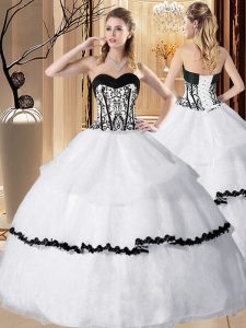 Perfect White Organza Lace Up Sweetheart Sleeveless Floor Length Quinceanera Gowns Embroidery and Ruffled Layers