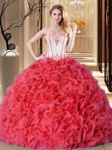 Pretty Sleeveless Fabric With Rolling Flowers Floor Length Lace Up Quinceanera Dress in Coral Red with Embroidery and Ruffles
