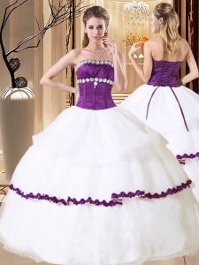 White Strapless Lace Up Beading and Embroidery and Ruffled Layers 15th Birthday Dress Sleeveless