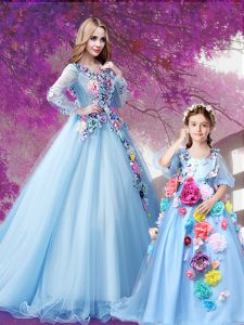 Baby Blue Lace Up Quince Ball Gowns Beading and Hand Made Flower Long Sleeves With Train Sweep Train
