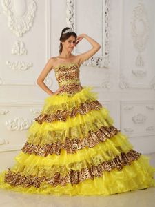 Yellow Sweep Leopard and Organza Ruffles Quinceanera Gowns in Cragford