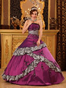 Zebra Fuchsia Strapless Embroidery Decorate Dress For Quince in Clayton