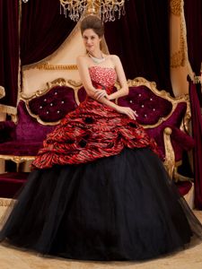 Strapless Zebra and Flowers Red and Black Sweet Sixteen Quince Dresses