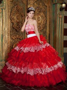Strapless Red Quinceanera Gown Dresses in Centre with Zebra and Ruffles