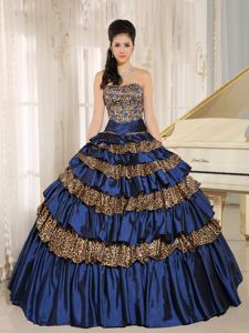 Navy Blue Leopard Ruffled Layers and Appliques With Beading Sweet 16 Dress